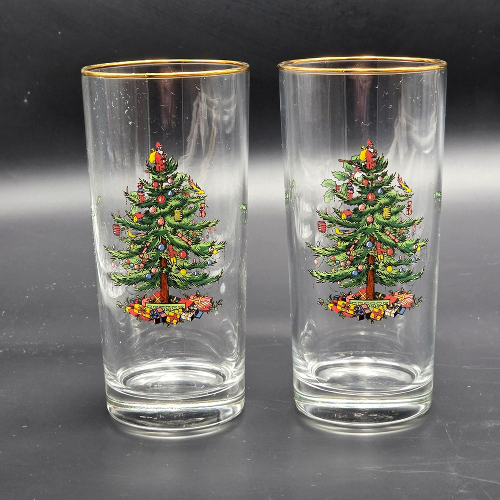 Spode Christmas Tree Highball Drinking Glasses 6.25" Tall Clear Glass Gold Rim